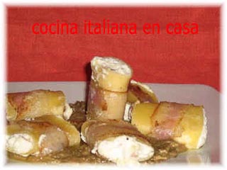 Paccheri rellenos de requesòn y panceta sobre salsa de alcachofas